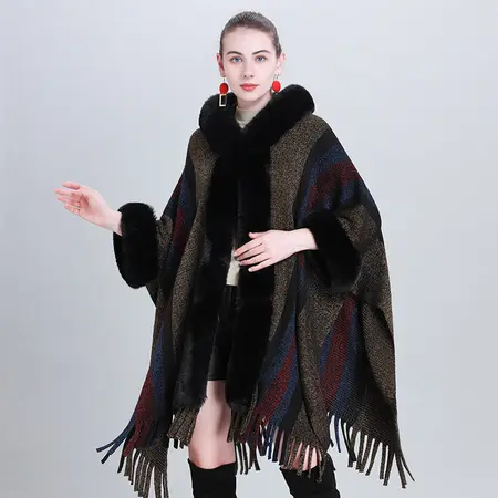 Striped Knit Fringed Hooded Poncho detail