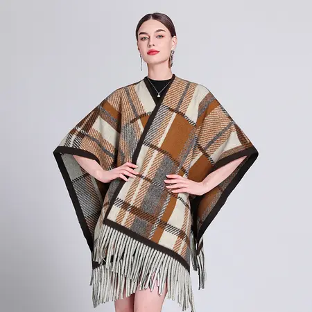 Plaid Knit Fringed Vintage Poncho
