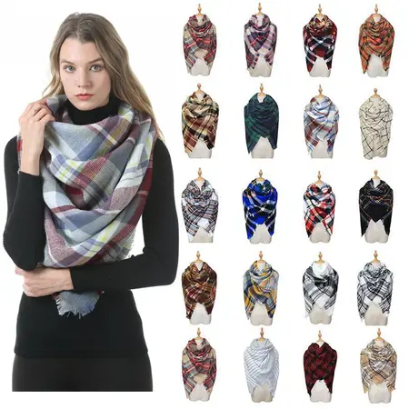 Women's Faux Cashmere Plaid Reversible Scarf Shawl – 140 × 140 cm
