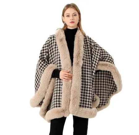 Wool Plaid Houndstooth Poncho detail