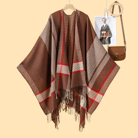 Faux Cashmere Striped Knit Fringed Poncho – 130 × 150 cm detail