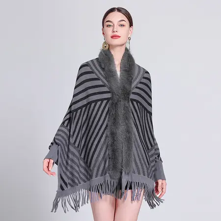 Striped Knit Fringed Poncho detail