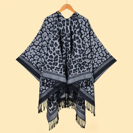 Leopard Print Fringed Printed Poncho – 130 × 150 cm