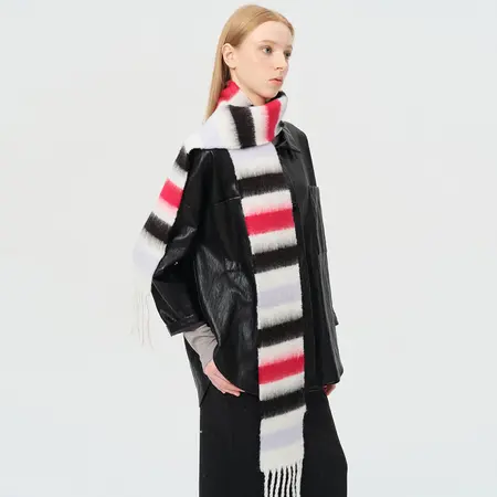 Women's 70% Wool Colorblock Striped Fringed Narrow Scarf Shawl – 220 × 14 cm