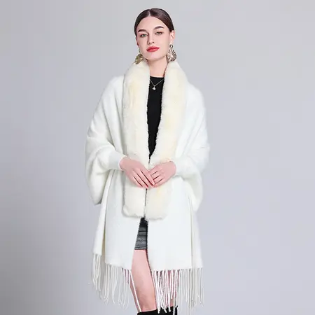 Faux Mink Knit Fringed Poncho