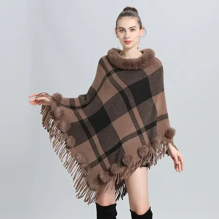Faux Fur Plaid Knit Poncho detail