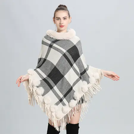 Faux Fur Plaid Knit Poncho