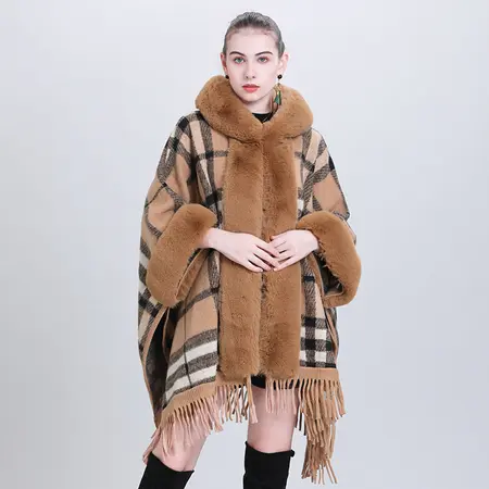 Plaid Knit Fringed Hooded Poncho detail