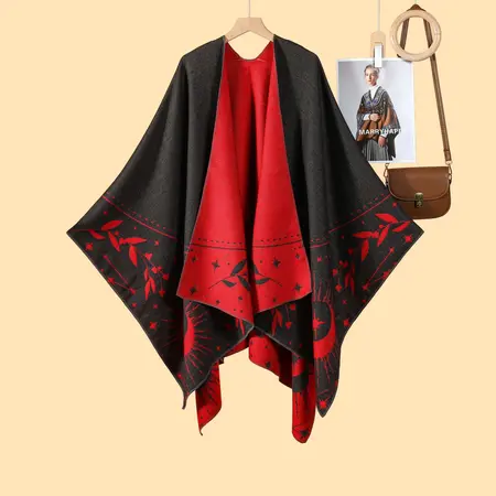 Women's Faux Cashmere Fringed Reversible Poncho – 130 × 150 cm