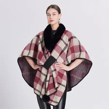 Faux Fur Plaid Knit Poncho – 80 × 180cm