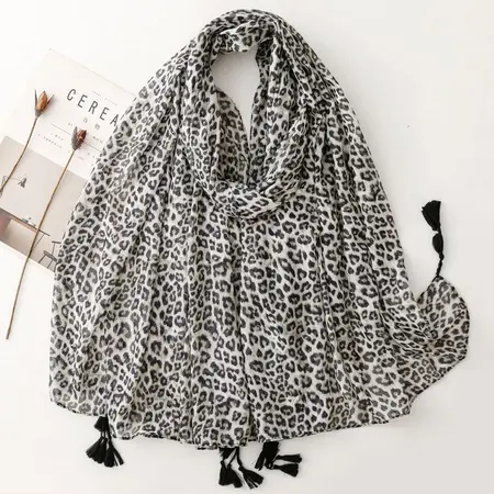 Cotton Leopard Print Fringed Printed Scarf Shawl – 180 × 88 cm