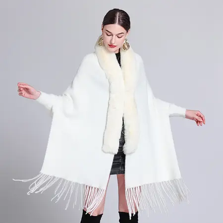 Faux Mink Knit Fringed Poncho detail