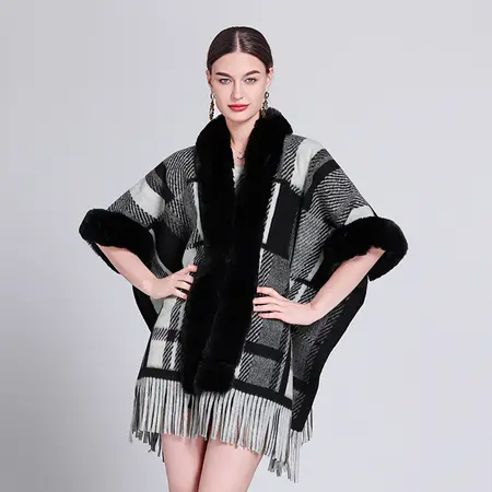 Plaid Knit Fringed Poncho detail