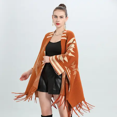Jacquard Knit Fringed Poncho detail