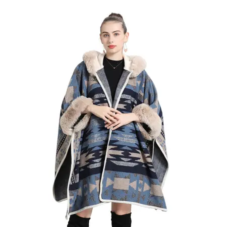 Faux Fur Jacquard Knit Poncho detail