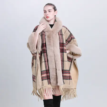 Plaid Knit Fringed Hooded Poncho