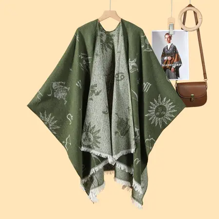 Jacquard Knit Fringed Reversible Poncho – 130 × 150 cm detail
