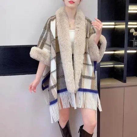 Plaid Knit Fringed Poncho detail