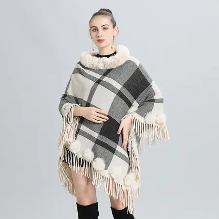 Faux Fur Plaid Knit Poncho detail