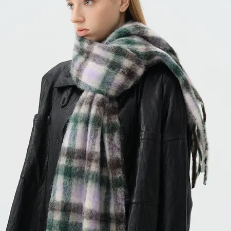 Women's Wool Blend Plaid Rainbow Scarf Shawl – 220 × 40 cm detail