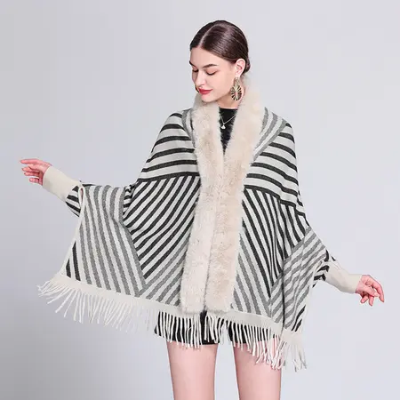 Striped Knit Fringed Poncho detail