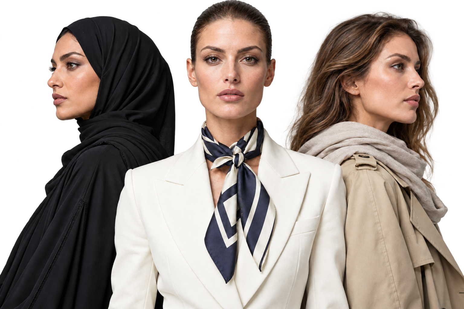 Three models wearing a silk scarf, a hijab and a cotton scarf