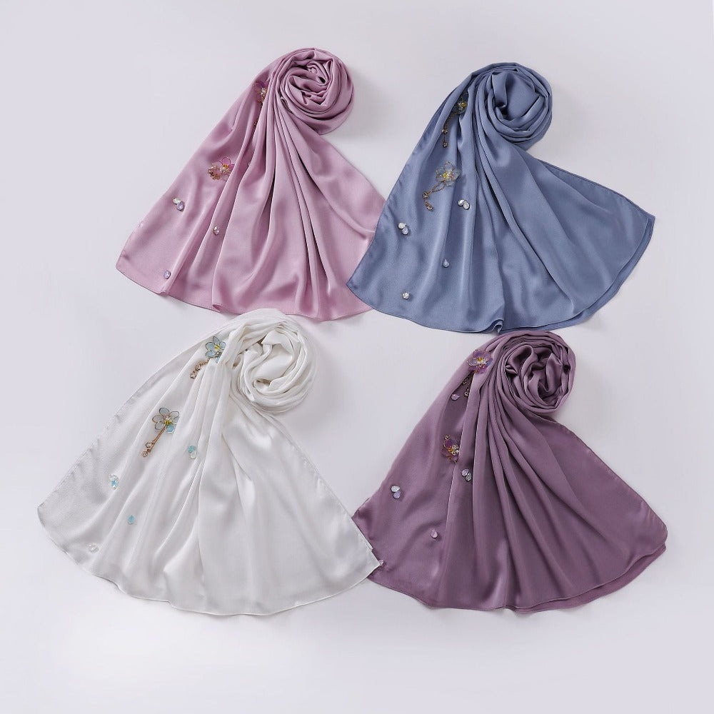 New bubble chiffon hand-sewn flower scarf Chinese wind point diamond yarn Malaysian headscarf hijab