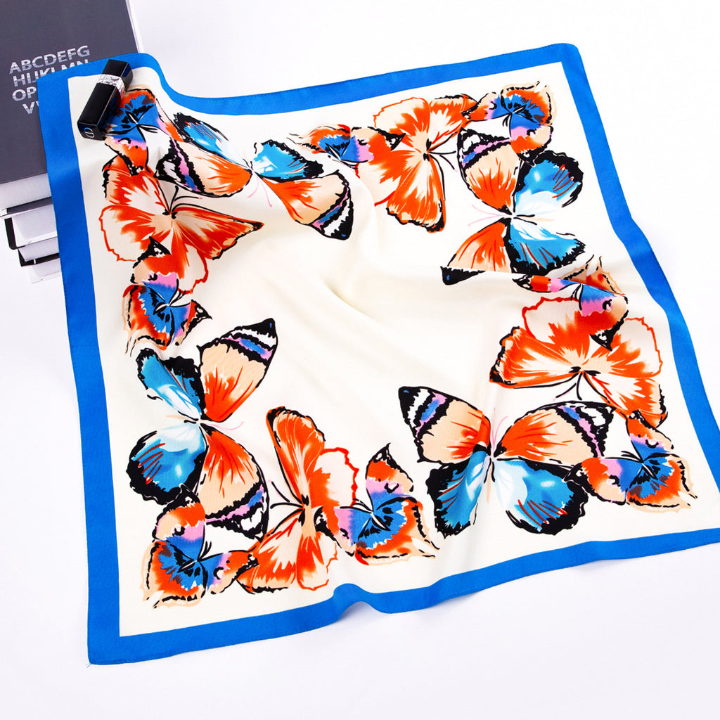 Stylish and simple color butterfly printed scarf, twill satin scarf 60cm small square scarf women's silk scarf gift