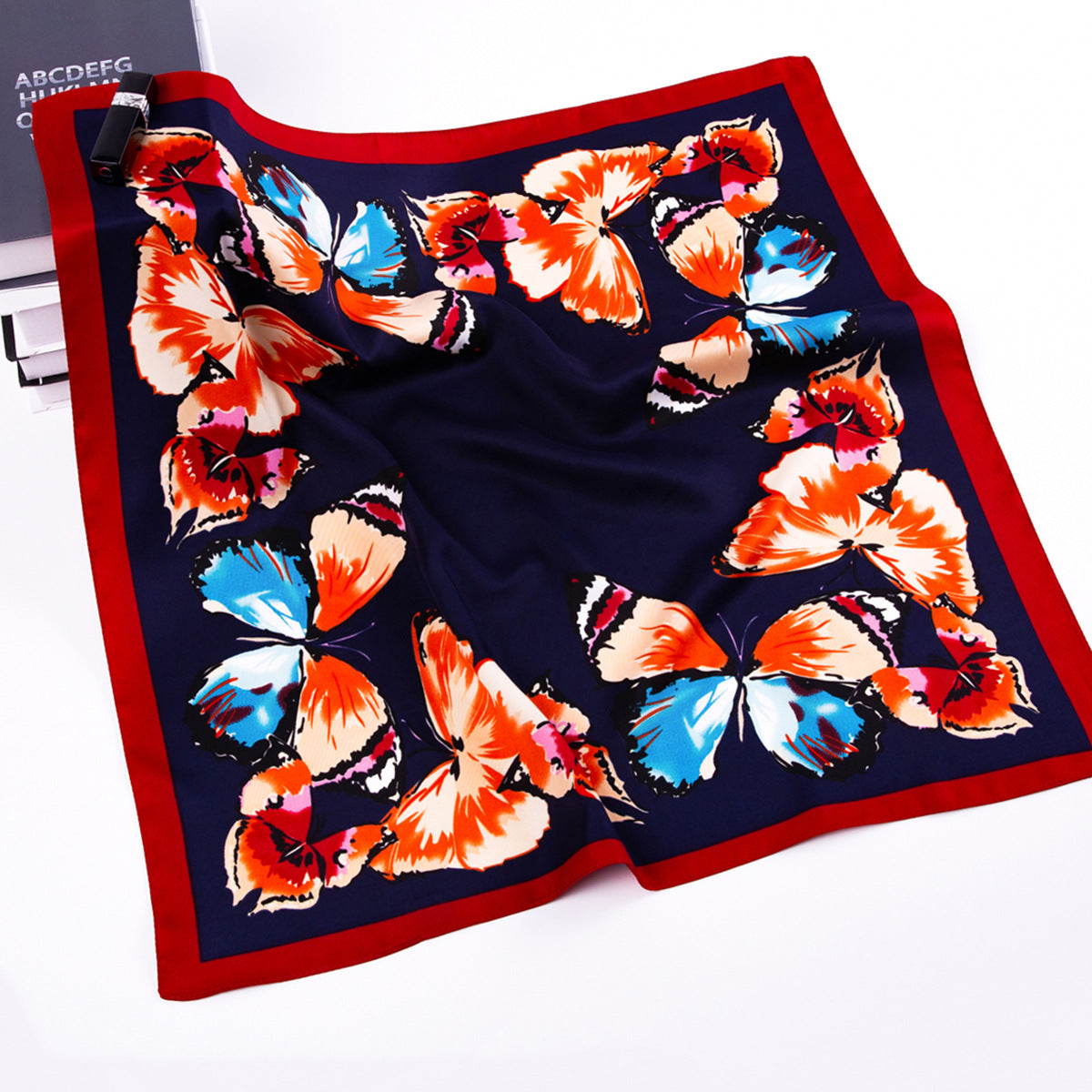 Stylish and simple color butterfly printed scarf, twill satin scarf 60cm small square scarf women's silk scarf gift