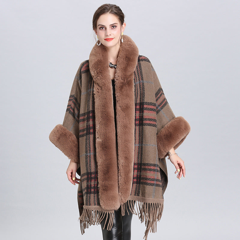 European and American large size coat fur collar plaid hooded fringed cape shawl knitted shawl cardigan 1534
