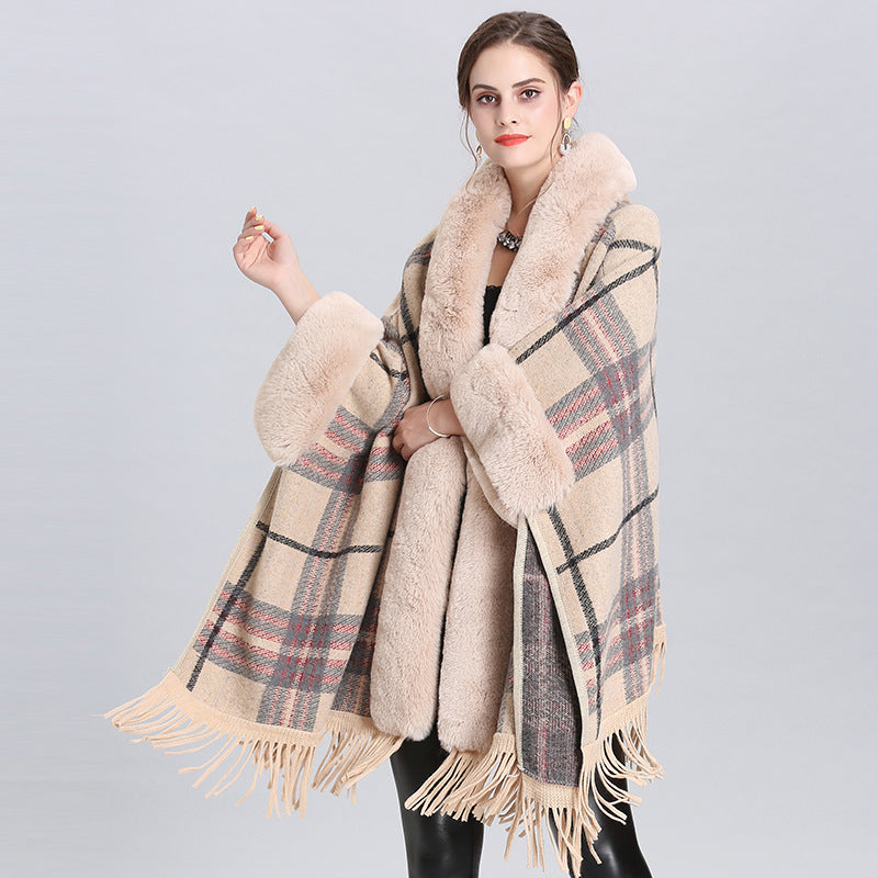 large size coat fur collar plaid hooded fringed cape shawl knitted shawl cardigan 1534