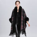 European and American large size coat fur collar plaid hooded fringed cape shawl knitted shawl cardigan 1534