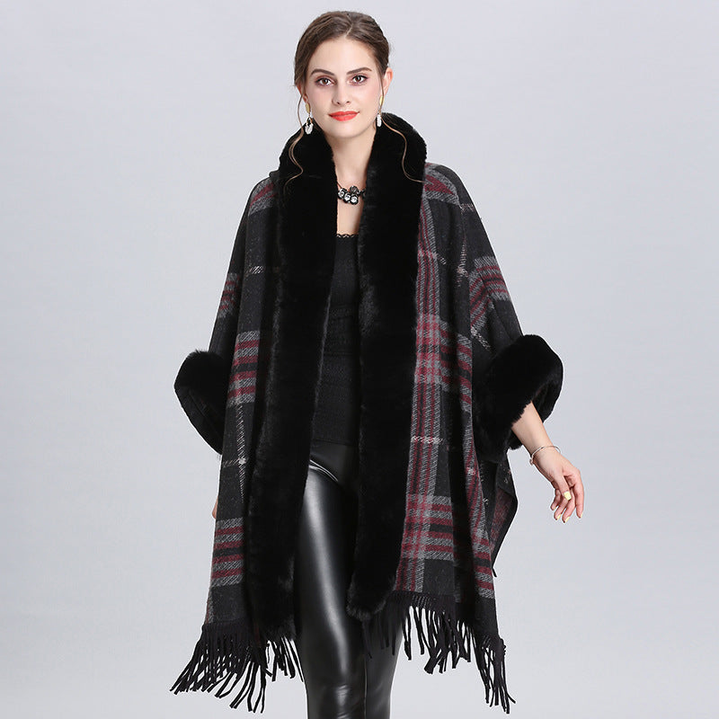 European and American large size coat fur collar plaid hooded fringed cape shawl knitted shawl cardigan 1534