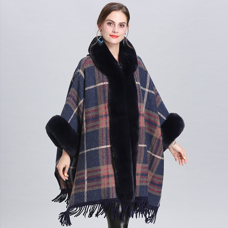 European and American large size coat fur collar plaid hooded fringed cape shawl knitted shawl cardigan 1534