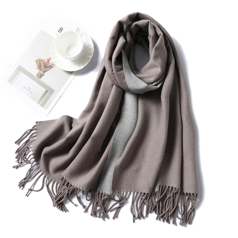 Simple solid color imitation cashmere scarf men's and women's winter thickened warm double-sided two-color versatile fringed shawl core-spun yarn