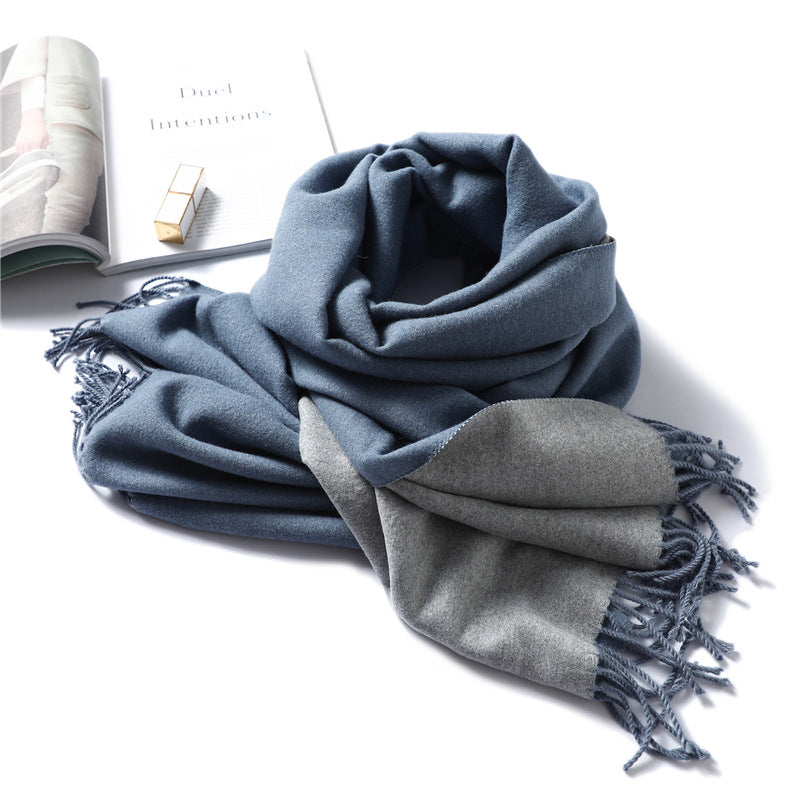 Simple solid color imitation cashmere scarf men's and women's winter thickened warm double-sided two-color versatile fringed shawl core-spun yarn