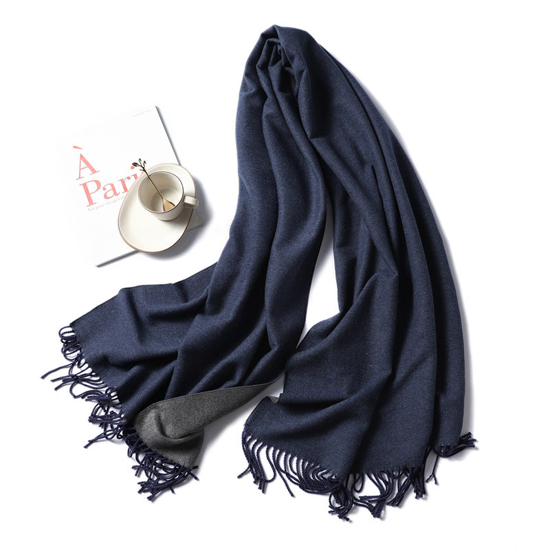 Simple solid color imitation cashmere scarf men's and women's winter thickened warm double-sided two-color versatile fringed shawl core-spun yarn