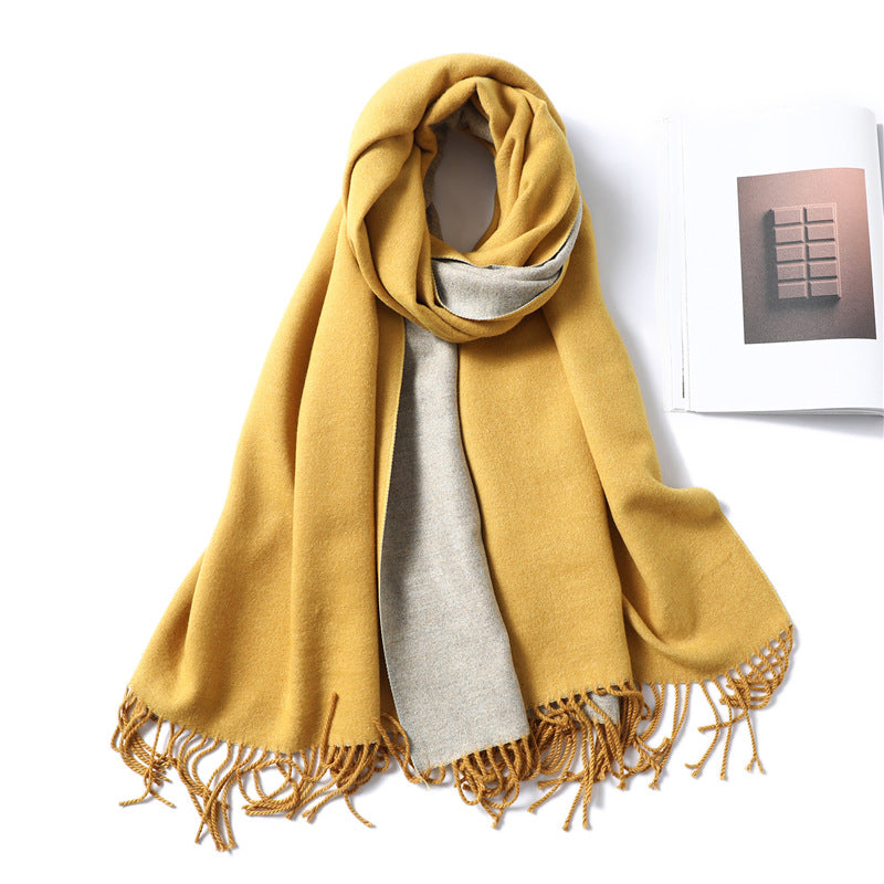 Simple solid color imitation cashmere scarf men's and women's winter thickened warm double-sided two-color versatile fringed shawl core-spun yarn