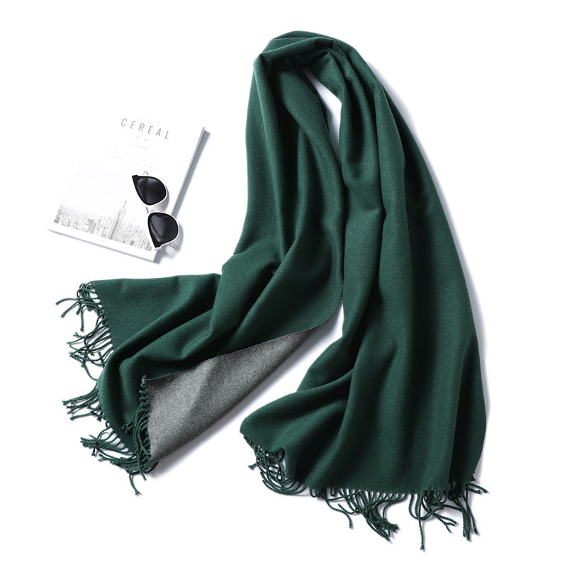Simple solid color imitation cashmere scarf men's and women's winter thickened warm double-sided two-color versatile fringed shawl core-spun yarn