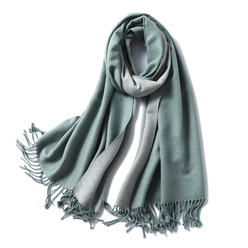 Simple solid color imitation cashmere scarf men's and women's winter thickened warm double-sided two-color versatile fringed shawl core-spun yarn