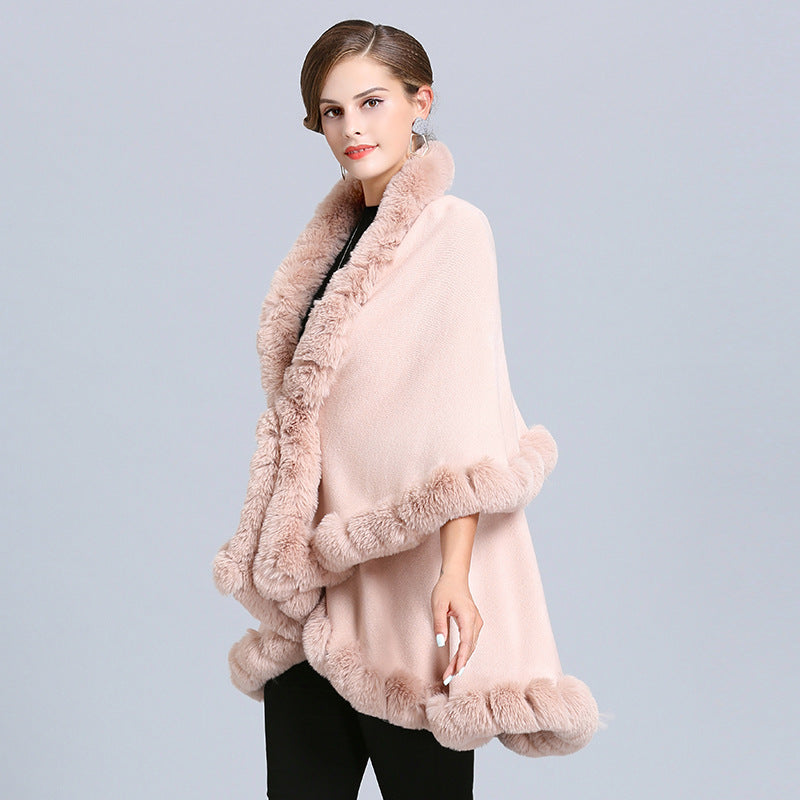 European and American new women's imitation fox fur collar handmade strung hair double-layer knitted cardigan shawl cape 1544 #