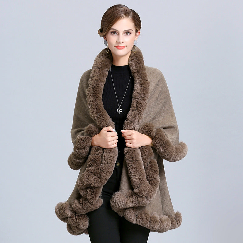 European and American new women's imitation fox fur collar handmade strung hair double-layer knitted cardigan shawl cape 1544 #