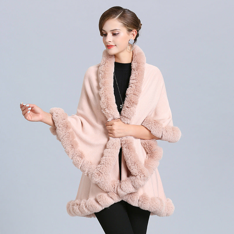 European and American new women's imitation fox fur collar handmade strung hair double-layer knitted cardigan shawl cape 1544 #