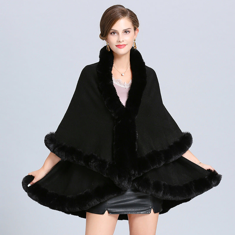 European and American new women's imitation fox fur collar handmade strung hair double-layer knitted cardigan shawl cape 1544 #