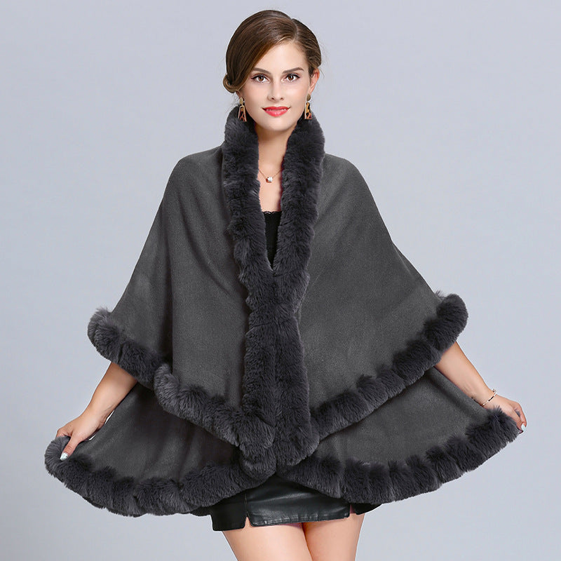 European and American new women's imitation fox fur collar handmade strung hair double-layer knitted cardigan shawl cape 1544 #