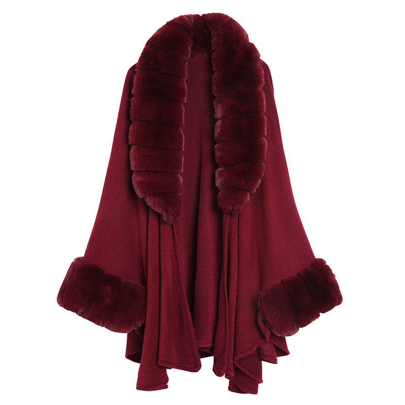 European and American autumn and winter new fashion large size loose imitation fur collar knitted shawl cardigan cape shawl women 1546 #