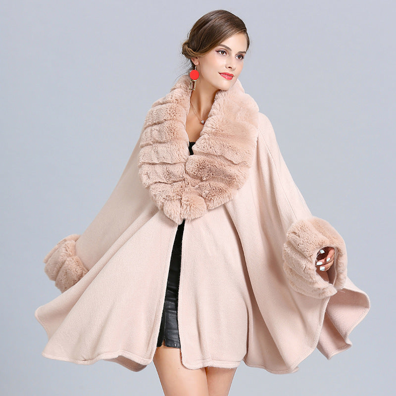European and American autumn and winter new fashion large size loose imitation fur collar knitted shawl cardigan cape shawl women 1546 #