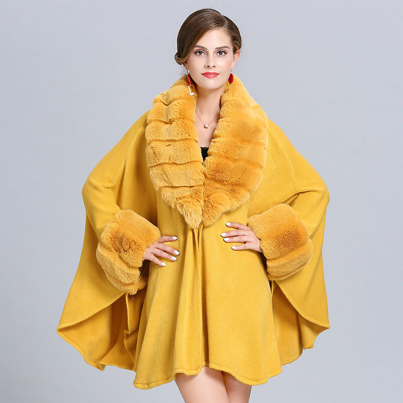 European and American autumn and winter new fashion large size loose imitation fur collar knitted shawl cardigan cape shawl women 1546 #