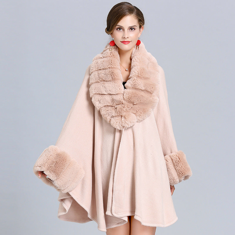 European and American autumn and winter new fashion large size loose imitation fur collar knitted shawl cardigan cape shawl women 1546 #