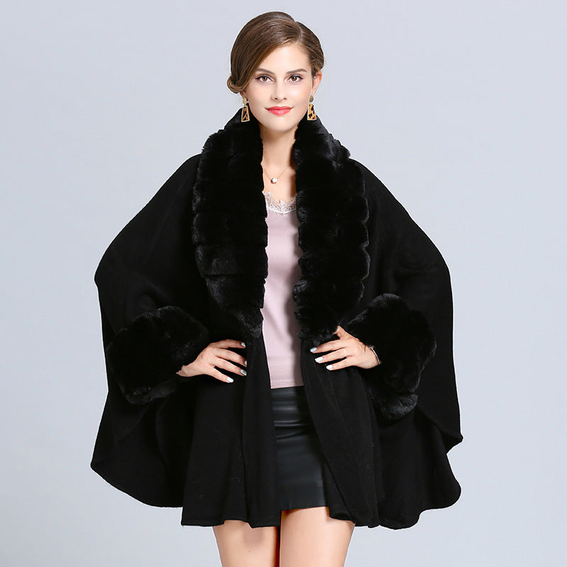 European and American autumn and winter new fashion large size loose imitation fur collar knitted shawl cardigan cape shawl women 1546 #